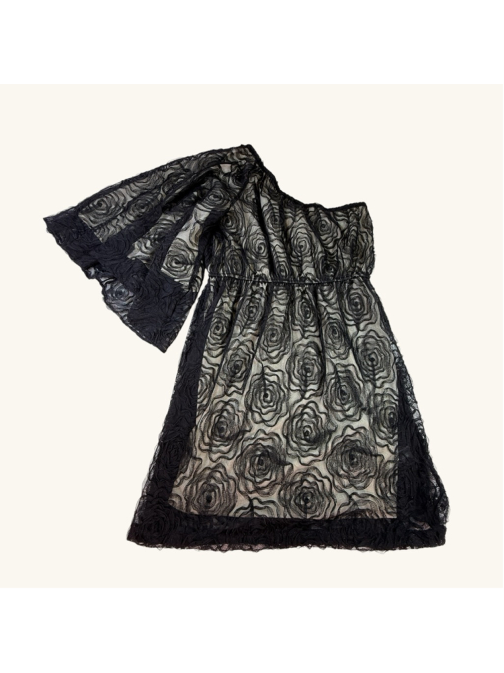 Judith March Black Rosette Lace One Shoulder Dress Women’s Medium Sheer Overlay